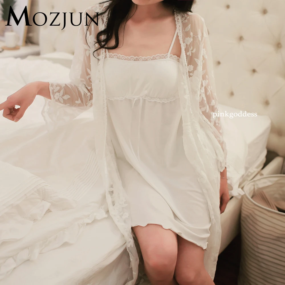 

Two Piece Nightgowns Sleepshirts Sexy Lingerie Lace Night Dress Spaghetti Strap Cotton Bath Robe Lady Home Dressing #MZ96