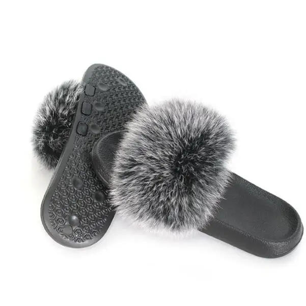 black frost FXFURS/Новинка года; женские тапочки с натуральным лисьим мехом; летние модные меховые сандалии; обувь из пушистого плюша; Вьетнамки с мехом енота; Домашние шлепанцы - Цвет: black frost