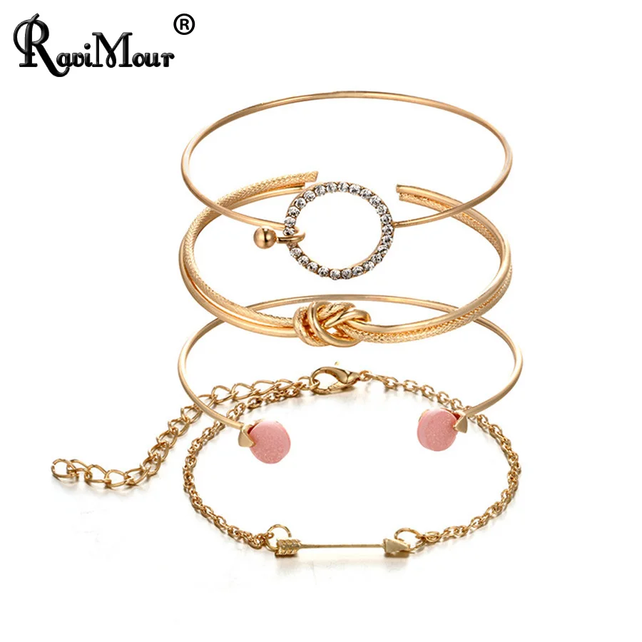 Женские браслеты RAVIMOUR, 4 шт., Браслет-манжета, завязанный узлом, стрела, очаровательный браслет; Комплект бижутерии, кристалл, панк, золото, серебро, бразильцы