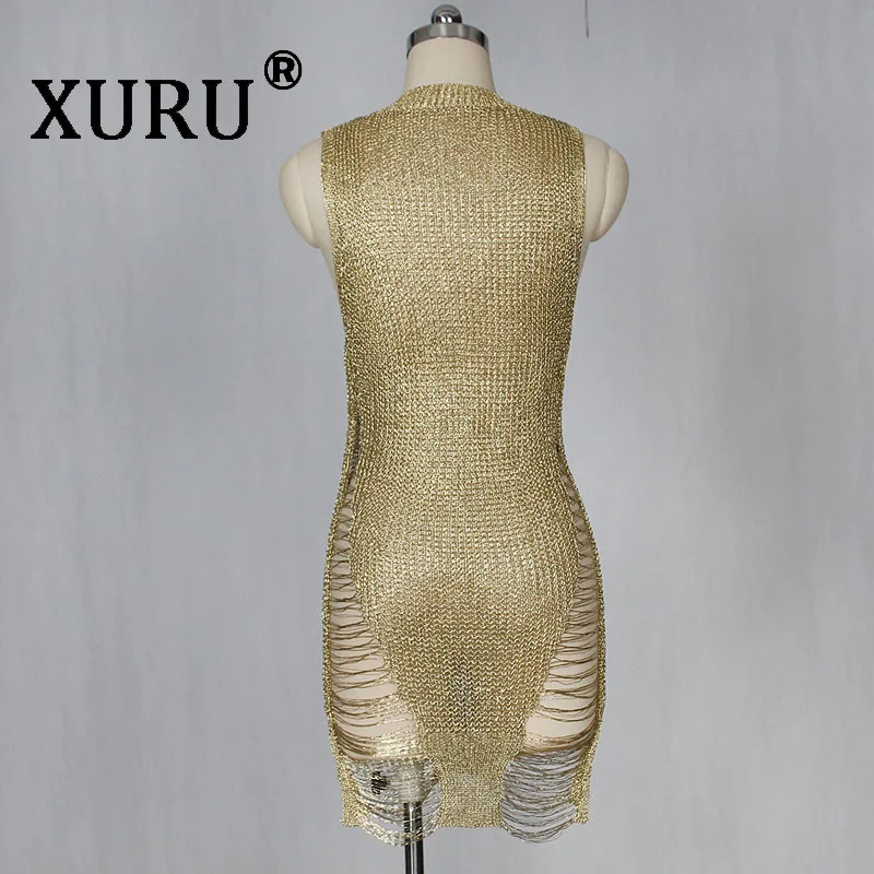 

XURU Summer New Women's Sexy Gold Knit Beach Dress Sexy Nightclub Perspective Club Dress Party Golden Silver Rose Gold Dress