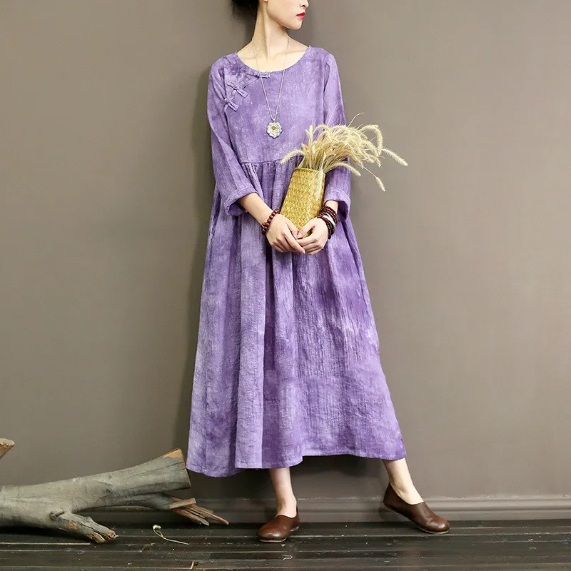 QPFJQD Women'S Retro National Wind Sand Wash Linen Dresses Autumn Spring Full Sleeve 3 Buttons O Neck Long Purple Maxi Dress | Женская
