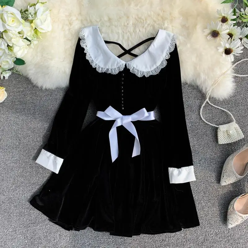 Французский Ретро женское платье бархат контраст цветная кукла воротник 2019