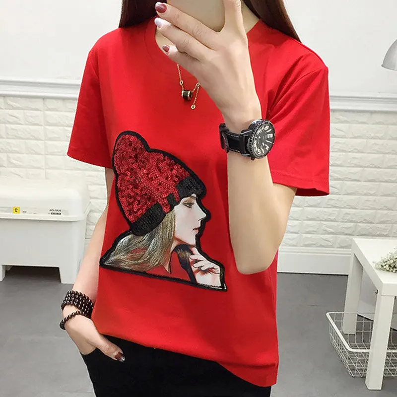 Женская летняя футболка с блестками и коротким рукавом модель 2019|Футболки| |