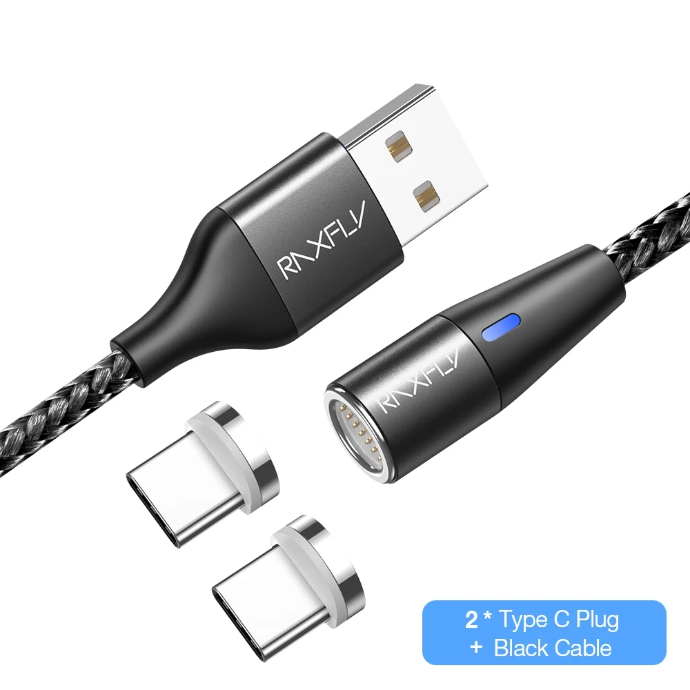 2 Plug Black Type C RAXFLY Магнитный зарядный кабель светодиодный 1 м Магнитный зарядный провод для телефона Micro usb type C для iPhone 6 7 X Магнитный зарядный кабель - Цвет: 2 Plug Black Type C