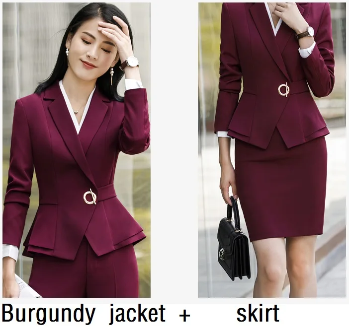 Burgundyjacket skirt Женские костюмы, приталенная весенняя куртка с оборками и длинными рукавами, штаны, комплект из 2 предметов, OL, Деловые женские брючные костюмы, женский комплект, костюмы 1882 - Цвет: Burgundyjacket skirt