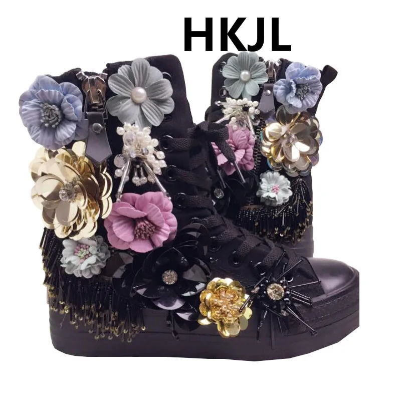

HKJL new canvas canvas brand bow beaded handmade Korean thick-soled sneakers