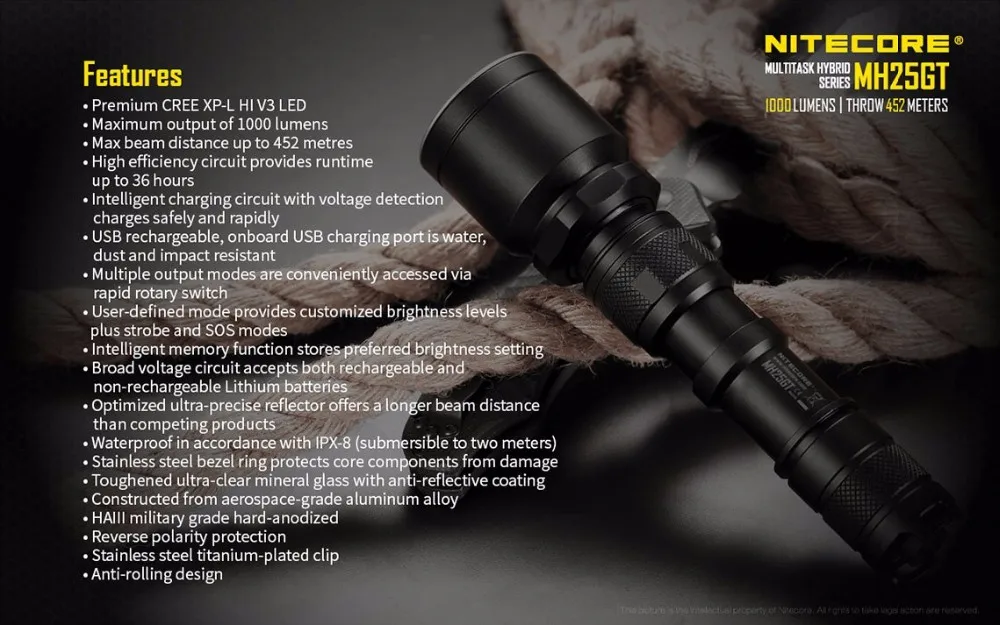 NITECORE MH25GT USB Перезаряжаемый тактический фонарь XP-L HI V3 max 1000 люмен луч бросок 452 м открытый свет спортивный факел