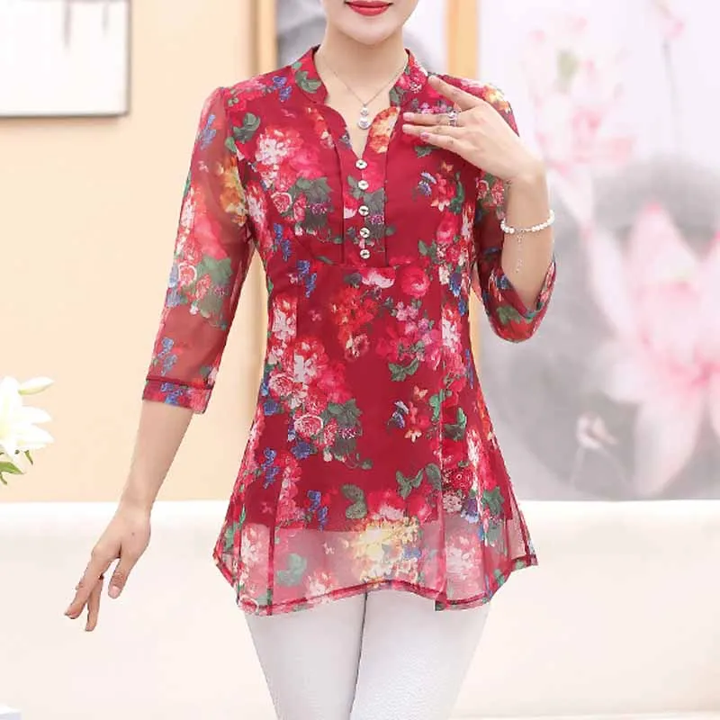 style 2 red Летние блузки размера плюс Женская туника рубашка с длинным рукавом цветочный принт v-образный вырез блузки и топы с пуговицами женская одежда - Цвет: style 2 red