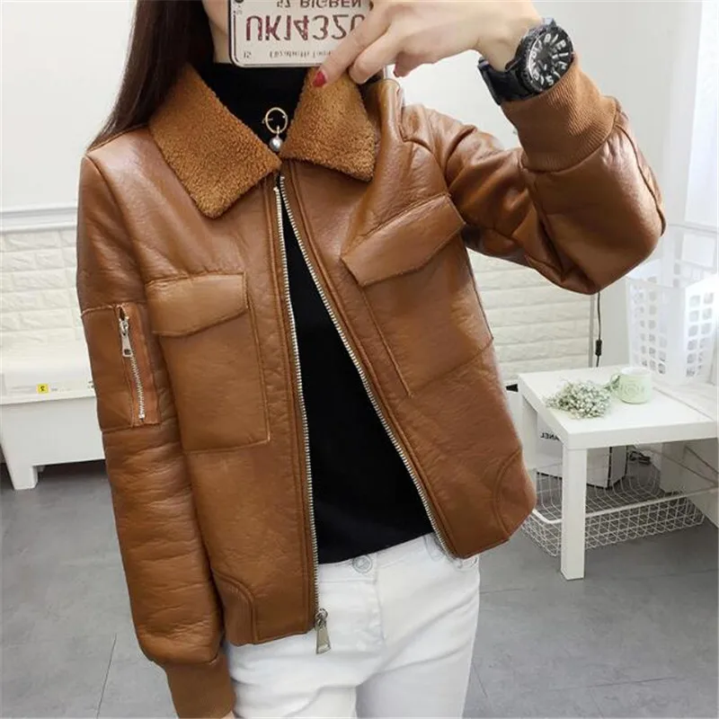 Женская винтажная куртка из искусственной кожи Куртки на молнии толстые зимние