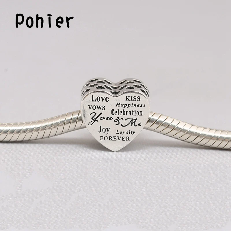 925 пробы Серебряный празднование сердце с слова любви Европейский Бусины Fit