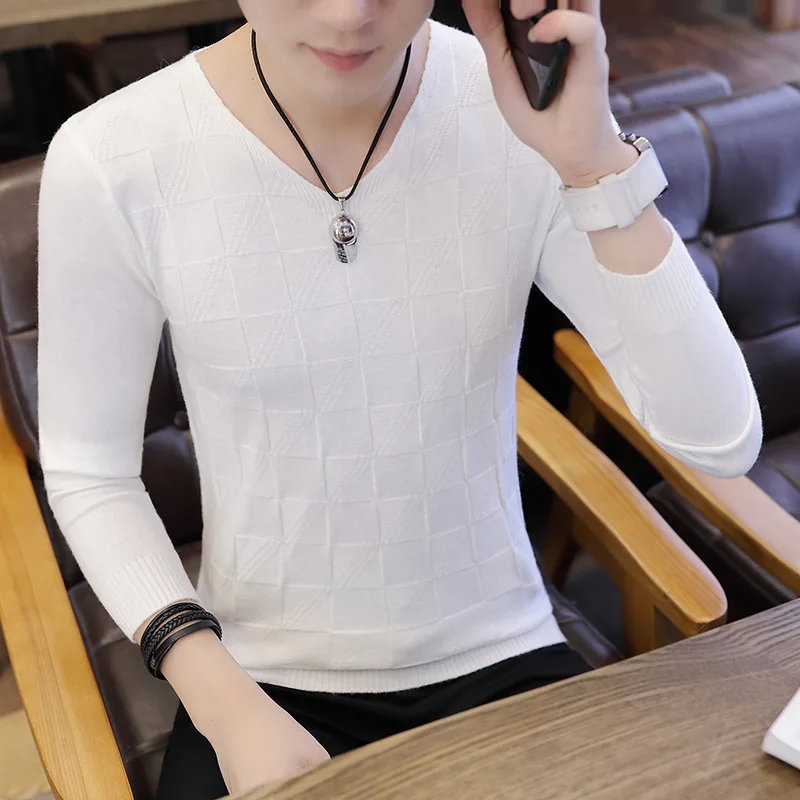 Мужские трикотажные свитеры белый корейский свитер мужские свитера тонкий v