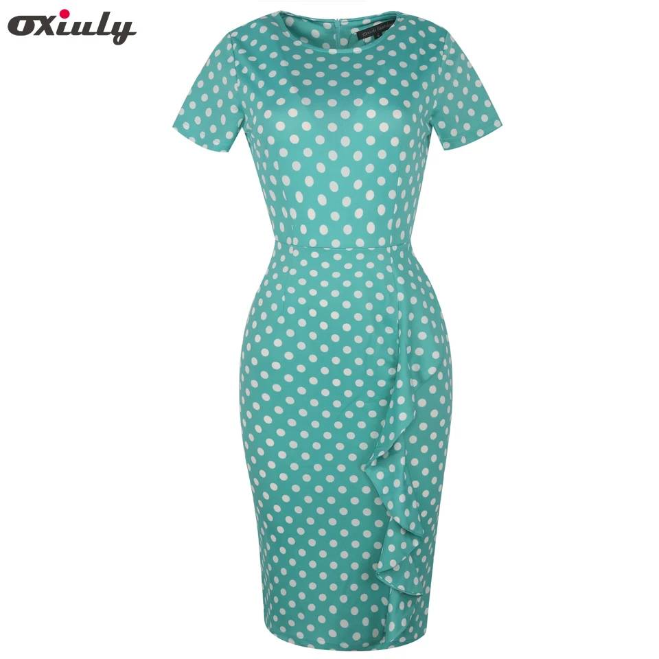 Платье Карандаш Oxiuly женское винтажное зеленое с принтом в горошек коротким