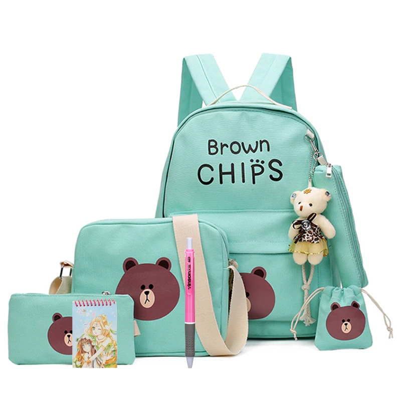8 pcs/set Multifunctional Backpack Cute Brown Bear School Bag Boy Girls Travel Children Backpacks Kids Canvas school mochila | Багаж и