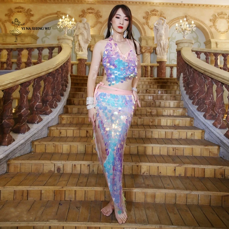 Женское блестящее платье Русалка с блестками топ для Танцев Живота + набедренный