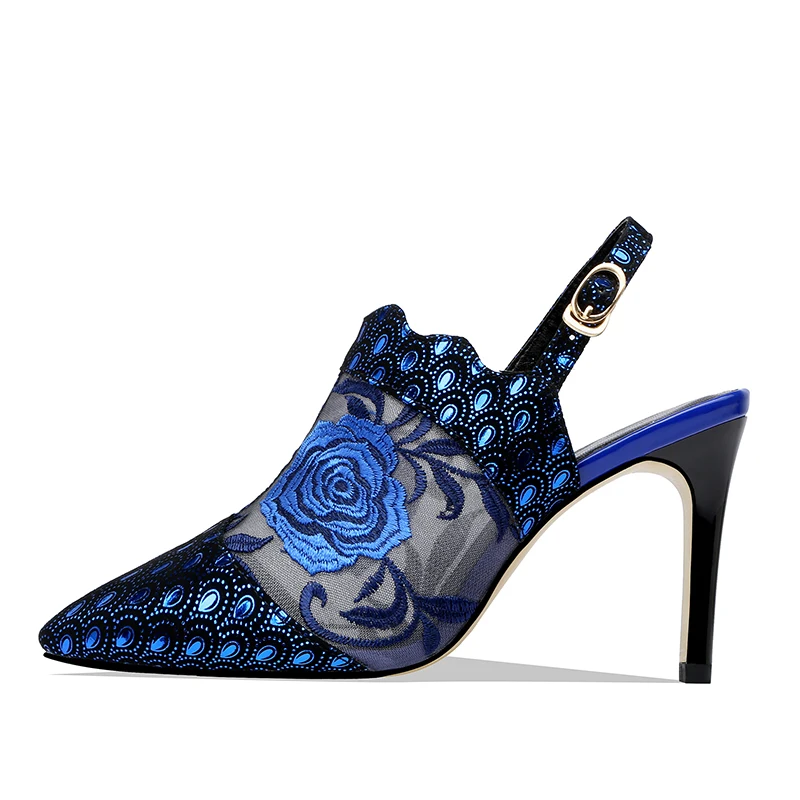 Сандалии женские с вышивкой и заостренным носком на высоком каблуке|Боссоножки