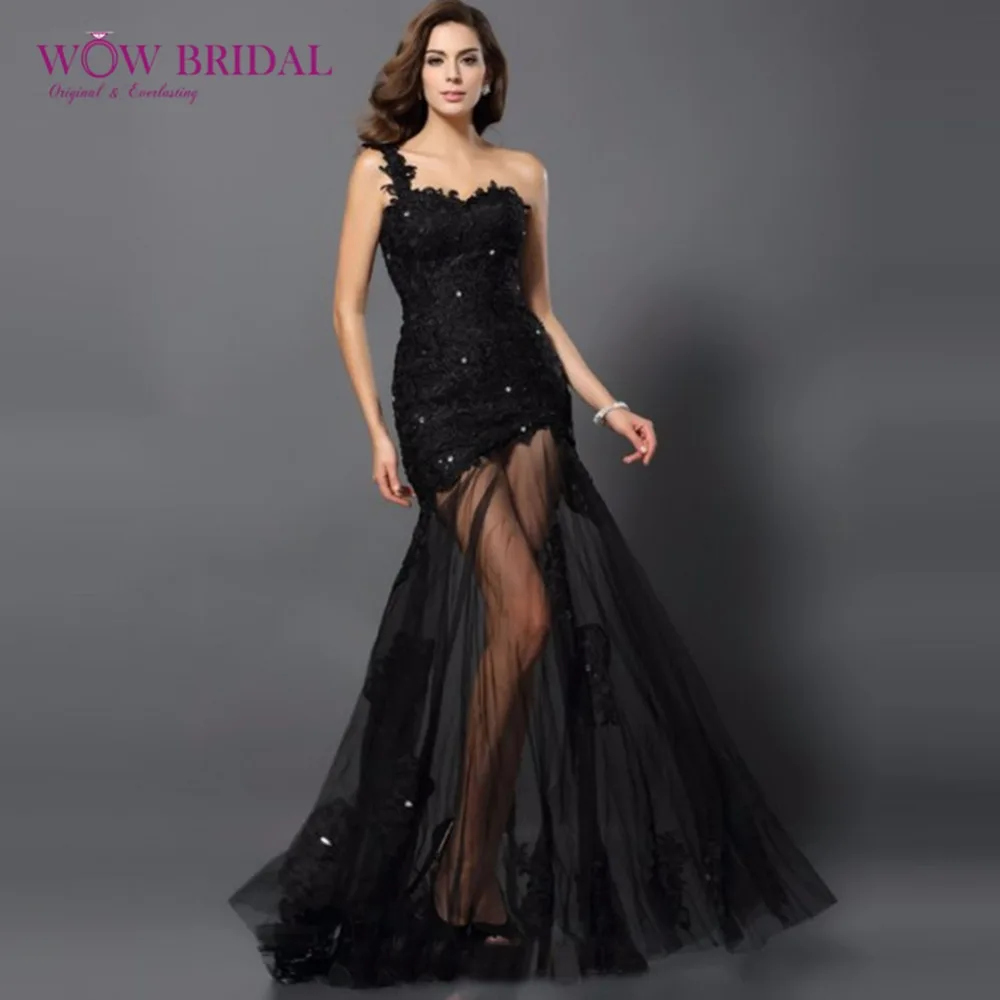 Wowbridal Black One Shoulder Open Back Sexy Lace Appliques Sequins Mermaid Tulle Evening Dress Formal Gown Dresses Long | Свадьбы и