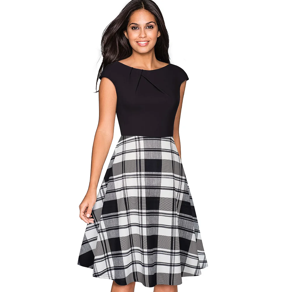 Black and Grid Хорошее-forever винтажное короткое однотонное элегантное платье с круглым вырезом и рукавами-крылышками, платье трапециевидной формы для деловых женщин A067 - Цвет: Black and Grid