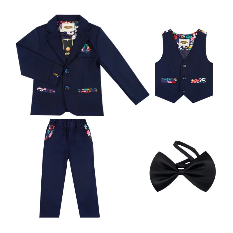 dark blue 3pcs Вечерний танцевальный блейзер с цветочным узором для мальчиков; комплект одежды; детская куртка; жилет; брюки; Свадебный костюм-смокинг; Детский костюм на выпускной, день рождения - Цвет: dark blue 3pcs