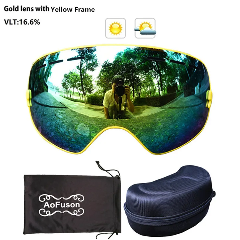 Yellow Frame Брендовые лыжные очки, двухслойные противотуманные линзы, очки для сноуборда, большие сферические маски, снежные снегоходные очки и чехол - Цвет: Yellow Frame