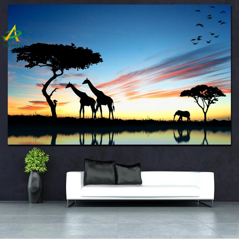 YWDECOR Жираф Африканский слон озером закатом пейзаж Живопись Печать на холсте