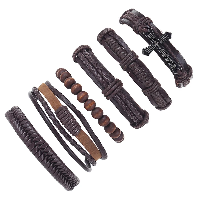 6pcs/set punk hippie dark brown Leather cord braiding knots maple tree leaf tag cross charm Layer wrap Bracelets Bangles for man | Украшения