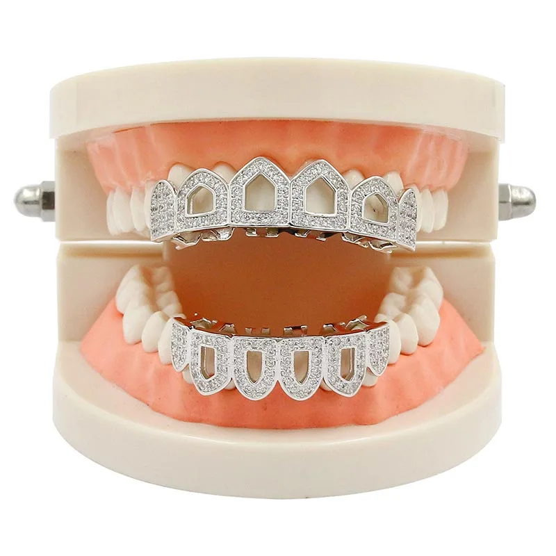 

Missfox Grillz Hip Hop Macro Pave Hq Cz Iced Out Grillz With Extra Molding Bars Halloween Hiphop Hollow 18k Gold Teeth Grillz