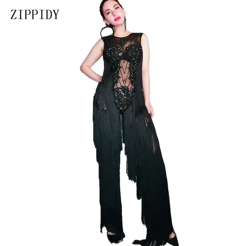 2019 Fashion New Black Rhinestones Fringes Rompers Sexy Mesh Perspective Jumpsuit Outfit Women Singer Dancer Fashion Leggings