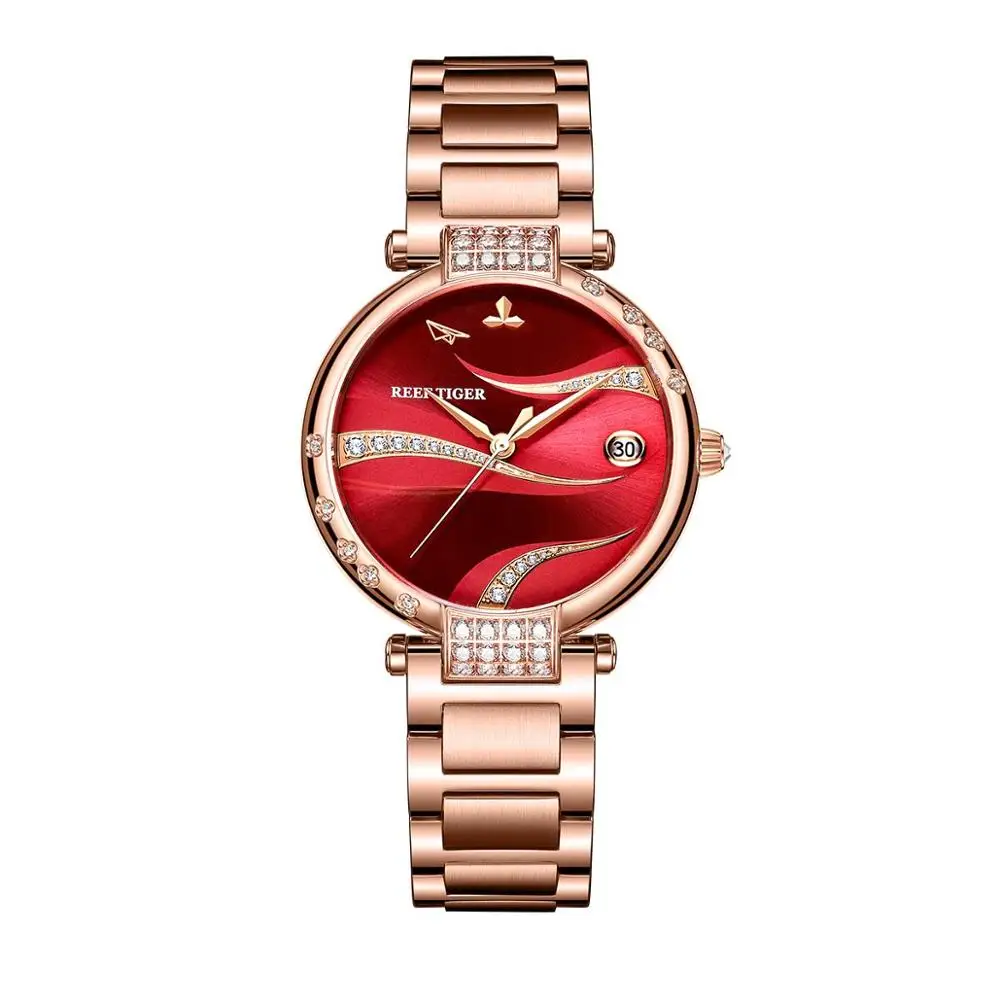 Reef Tiger/ RT Red Dial Rose Gold Luxury Fashion Diamond Women Watches Stainless Steel Bracelet Automatic RGA1589