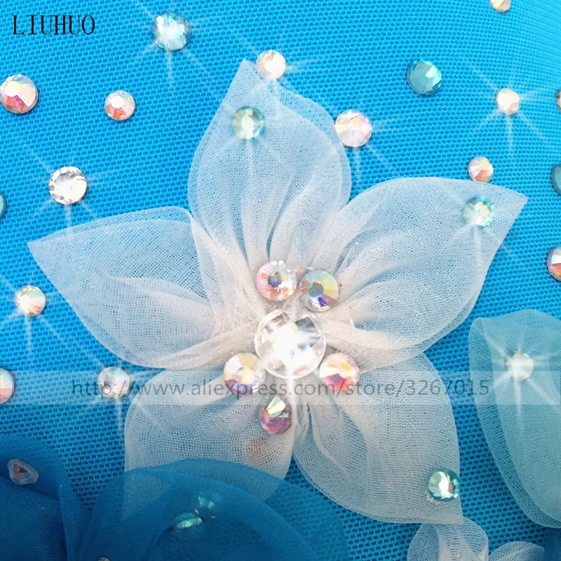 LIUHUO Figure Skating Dress Women's Girls' Ice Performance Gymnastics Competition Leotard Costume Dance Blue Handmade Flowers |