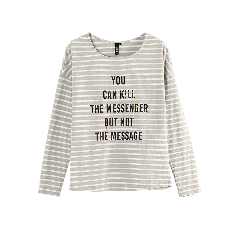 Toyouth Autumn Letter Cotton Long Sleeve T shirts Striped Loose Tees for Women Camiseta Feminina Casual O Neck Tops|Футболки| |