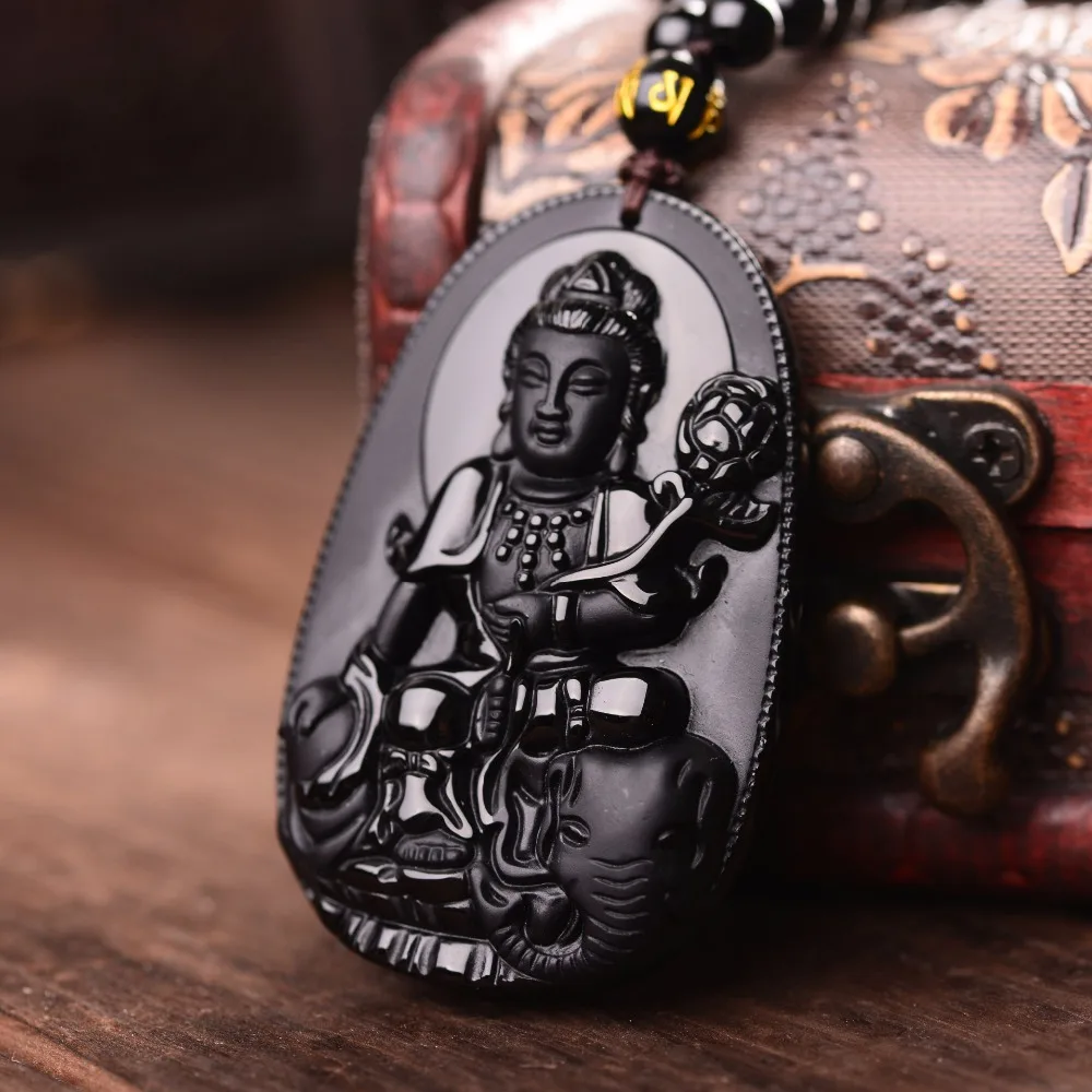 Samantabhadra патрон святой ожерелье Черный Обсидиан Резной Будда счастливый амулет кулон ожерелье для женщин мужчин Подвески Ювелирные изделия