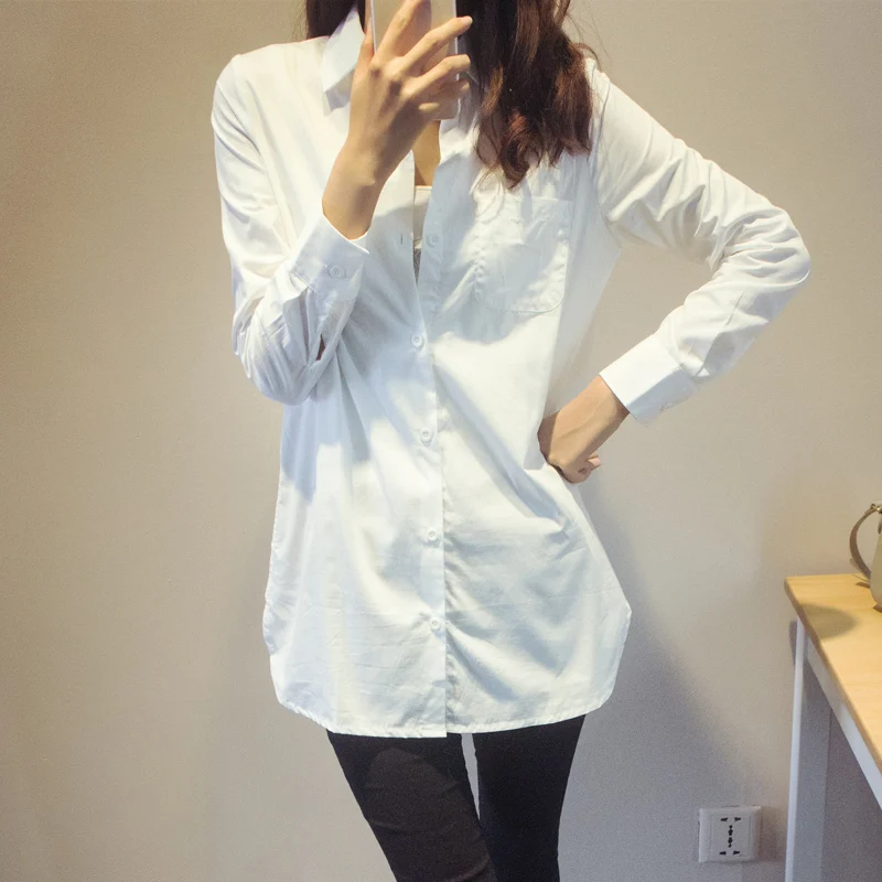 

Boyfriend Style White Shirt Women Casual Loose Tops Brand Design Full Sleeve Turn-Down Collar Contton Long Blouse