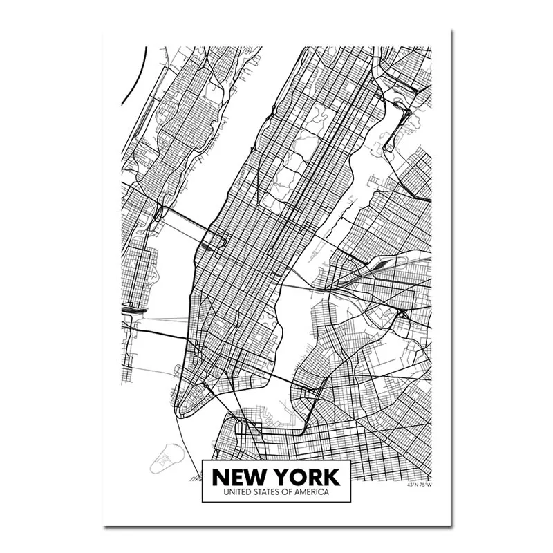 New York Черный, белый, Роттердам, Лондон, Нью-Йорк, столица, город, карта, холст, плакат, настенное искусство, печать, живопись, скандинавские декоративные картины, Декор - Цвет: New York