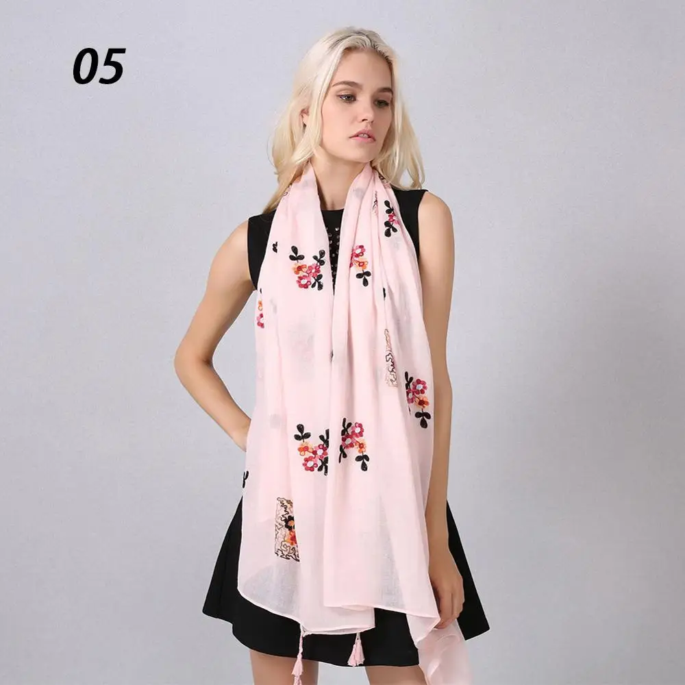 05 Light Pink Sparsil, Женский однотонный шарф из хлопка и льна, Ретро стиль, вышивка, повседневная большая шаль, 180x90, весна-осень, защита от солнца, мягкие шарфы - Цвет: 05 Light Pink