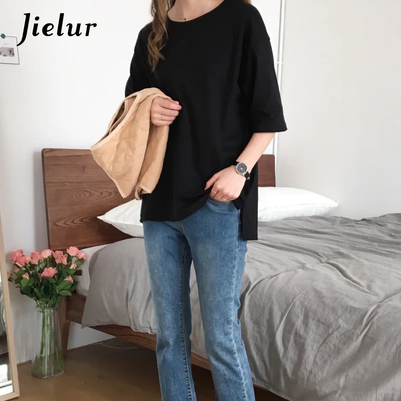 Jielur 10 карамельных цвет одноцветная Корейская футболка для женщин тонкие