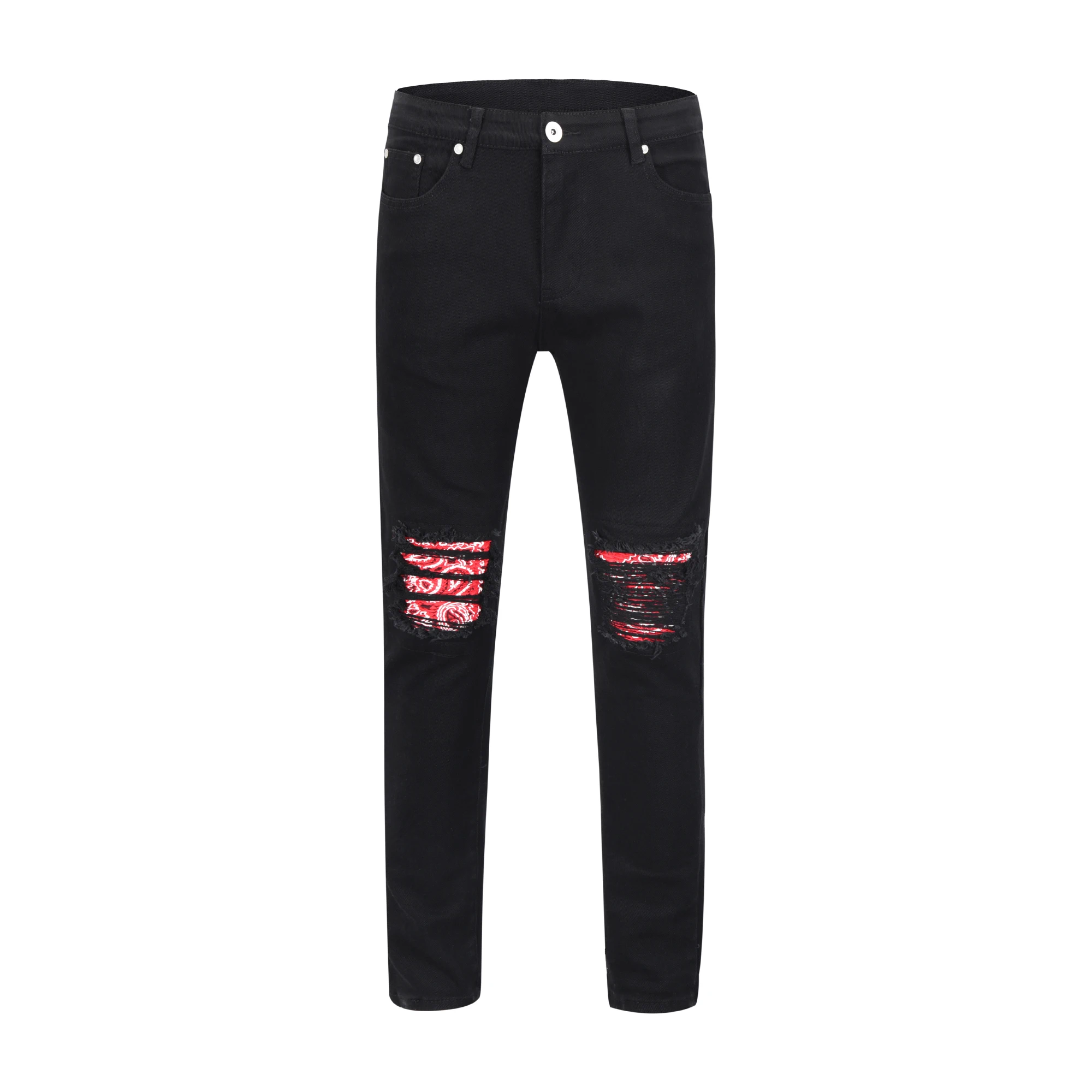 В стиле хип хоп с бахромой Пейсли Лоскутные черные джинсы Slim Fit байкерские брюки