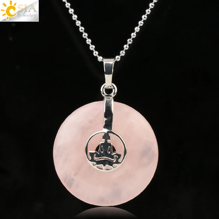 Rose Quartz Chain Csja Йога Лотос кулон для медитации натуральный фиолетовый розовый кристалл тигровый глаз круглые полые Рейки Чакра бусины для женщин и мужчин ожерелье G144 - Окраска металла: Rose Quartz Chain