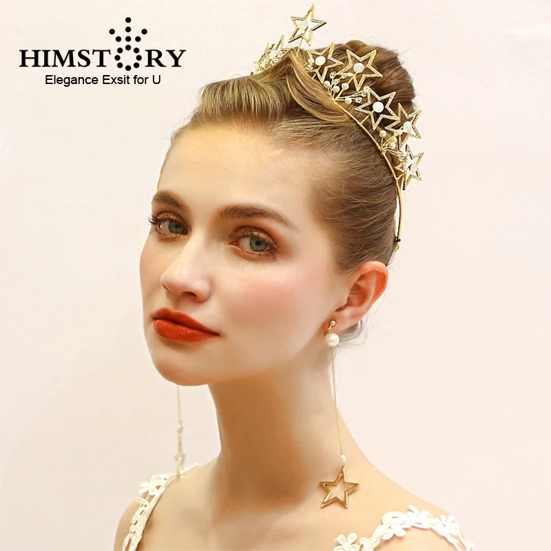 

HIMSTORY Charming Gold Star Crown Earring Crystal Rhinestones Bridal Wedding Hair Fascinator Hair Accessory