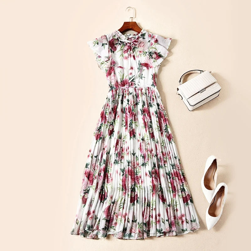 Винтаж с цветочным принтом плиссированные до середины икры платье 2018 Для женщин