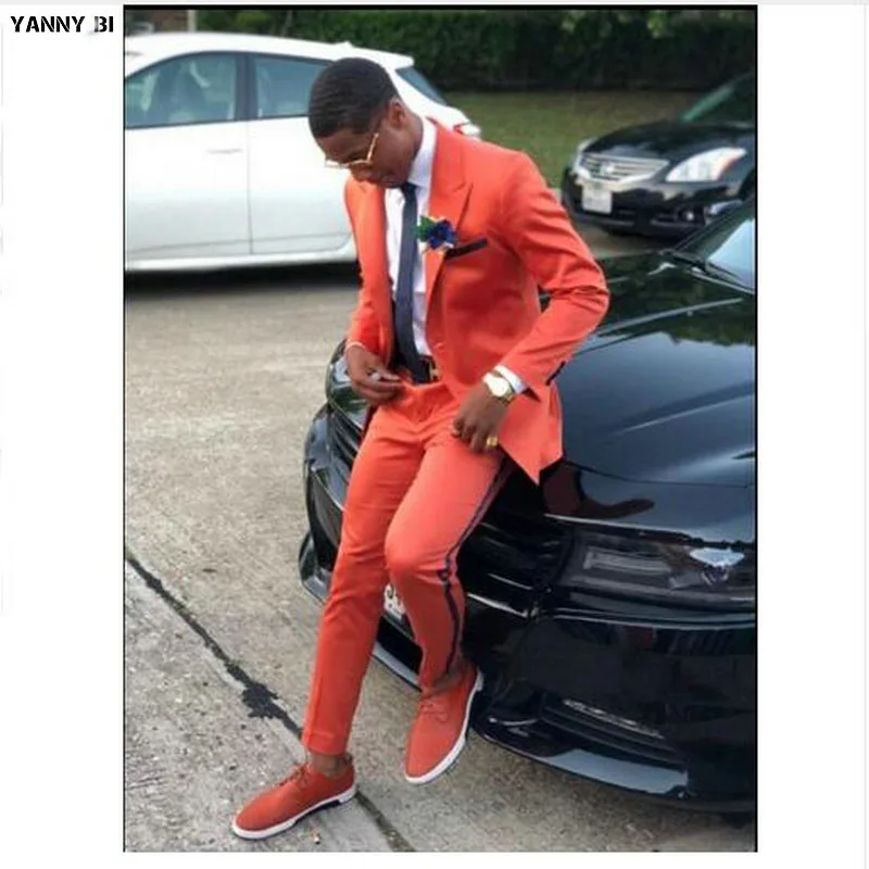 Новейший дизайн пальто и брюк оранжевый Мужской Костюм Повседневный приталенный