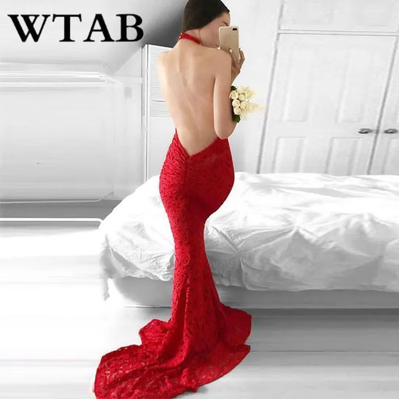 Женское платье с открытой спиной WTAB Vestidos длинное красное лямкой на шее без