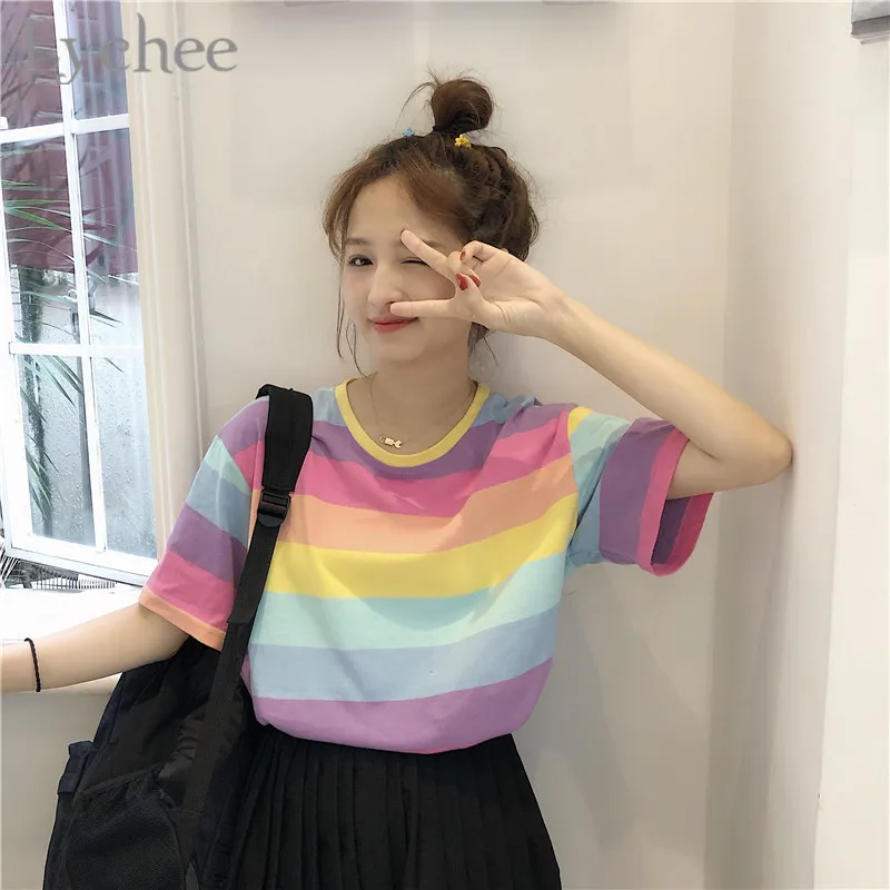 Lychee Harajuku Радужный полосный цветной блок женская футболка футболки с круглым вырезом короткий рукав хит цвет женские футболки футболка