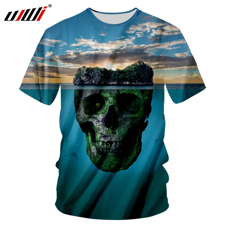 

UJWI 3D Terrestrial Ocean Skulls Men's O Neck Tshirt Printed Scenery Theme Man Tee Shirt Unisex Large Size Casual T-shirt