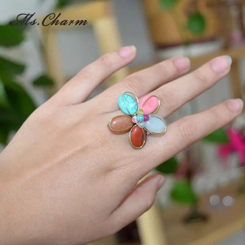 Трендовые стили Натуральный камень цветок кольцо Модные украшения галерея