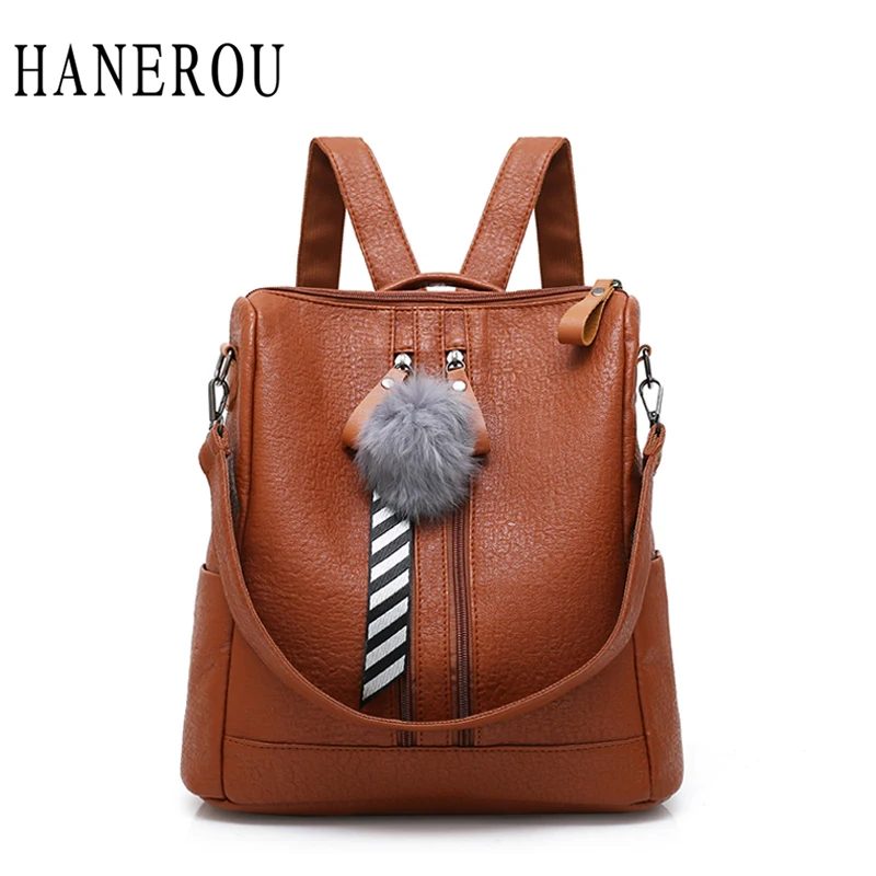 Женский кожаный рюкзак с мехом коричневый школьный известного бренда для