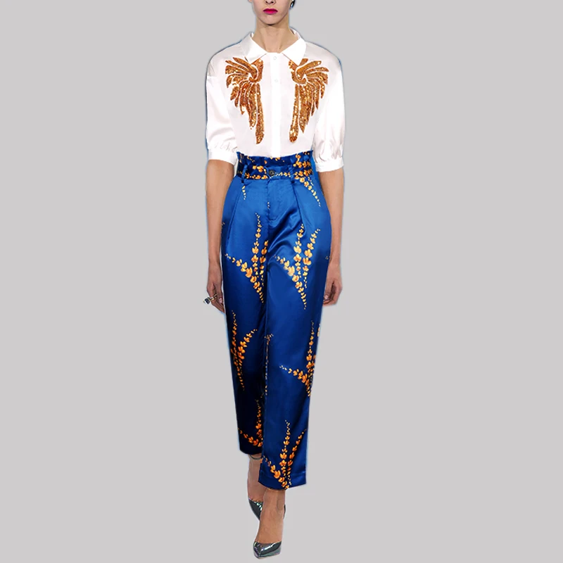

Luxury Designing High Street Women Style Two Pieces Pants Sets Sequined Shirt Print Trousers Slim Fashion Twin Sets Outfits