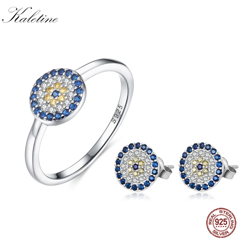 KALETINE Blue Luck сглаза индейки Ювелирные наборы Круглый CZ Кольцо крошечный гвоздик серьги модные подарки для женщин Свадебные Ювелирные наборы