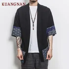 KUANGNAN, кимоно в китайском стиле, мужская рубашка с коротким рукавом, Повседневная Уличная Мужская рубашка, мужское льняное кимоно, рубашка, Мужская одежда, новинка 2019