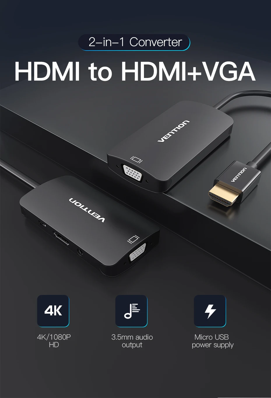 Vention HDMI to HDMI VGA Adapter for PS4 TV Box Raspberry pi 3 4K HDMI Splitter Digital Video Audio Converter HDMI VGA Cable