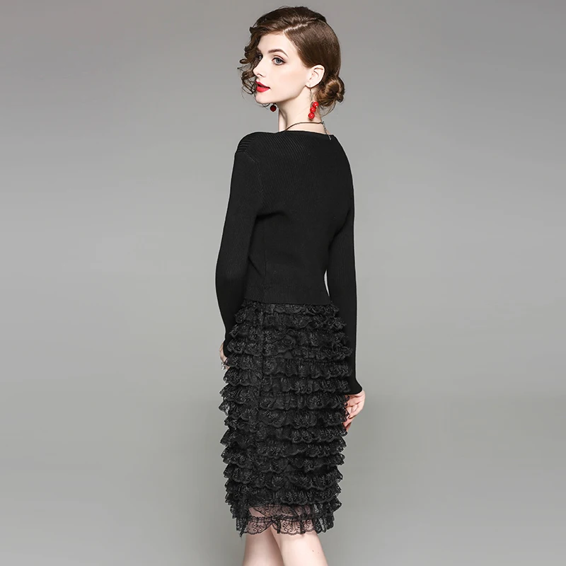 autumn spring woman dress knitted top cascading ruffled lace bottom black rabbit hair blends fashion sweet layered | Женская одежда